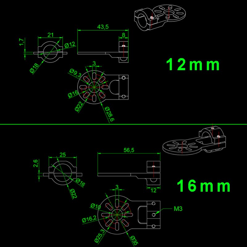 RJXHOBBY 1pcs Aluminum alloy motor base is suitable for multi-axis fittings of 12mm/16mm/18mm/25mm carbon pipe machine arm