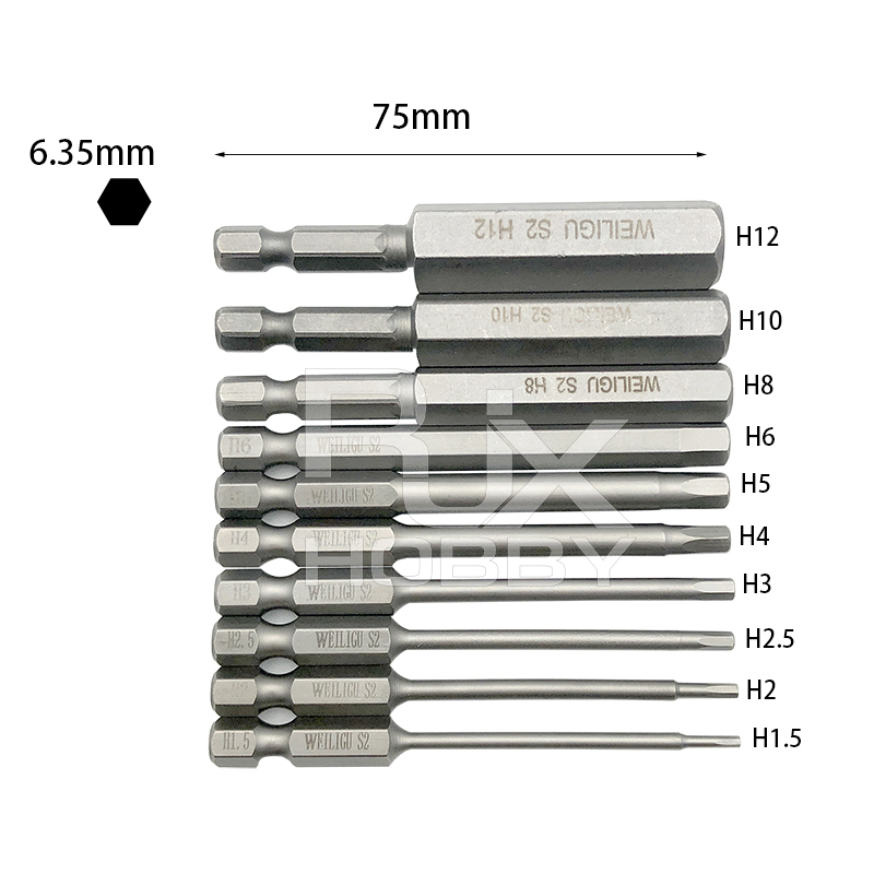 RJX 10PCS  1/4 Inch 6.35mm Length75mm  H1.5,H2,H2.5, H3, H4, H5, H6, H8, H10,H12  Hex Shank Magnetic Hexagon Screwdriver