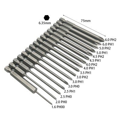 RJX 1/4 Inch 6.35mm 16pcs Phillips Screwdriver PH00 PH0 PH1 PH2