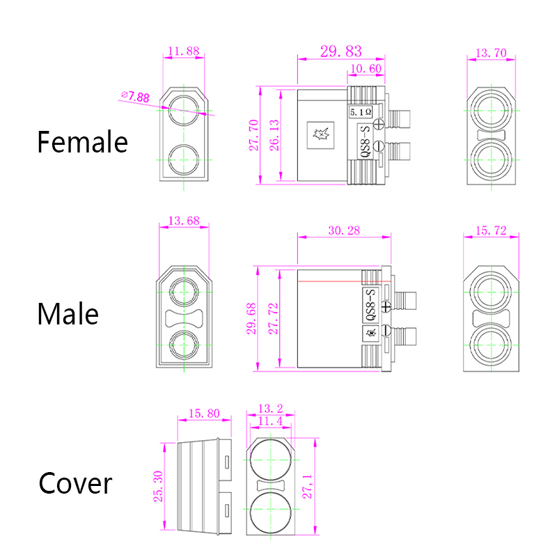 RJX 1pair QS8-S Lengthen Anti-spark Battery Connector Large Current Golden Plated Male Female Plugs with Sheath
