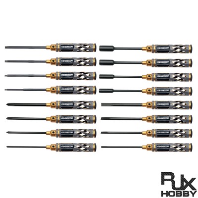 RJXHOBBY Supper Light Knurled Grip HSS titanized Hex /Nut/ Phillips/ Flat Screwdriver 16 pcs kits