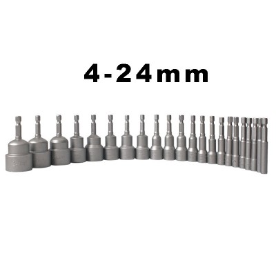 RJX 21pcs 65mm Hexagon Nut Setter Socket Driver Drill 1/4'' 6.35mm Hex Shank 4-24mm 