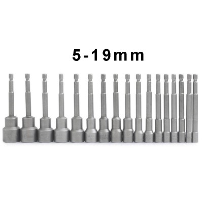 RJX 16pcs 100mm Hexagon Nut Setter Socket Driver Drill 1/4'' 6.35mm Hex Shank 5-19mm