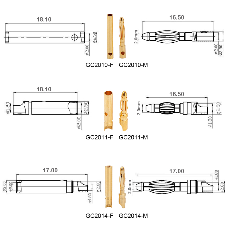 RJX 50 Pairs 2.0mm Gold Bullet Banana Connector Plug 2mm Male & Female Bullet Connector 