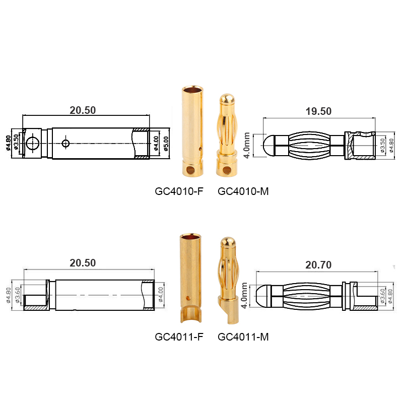 RJX 50 Pairs 4.0mm Gold Bullet Banana Connector Plug 4mm Male & Female Bullet Connector