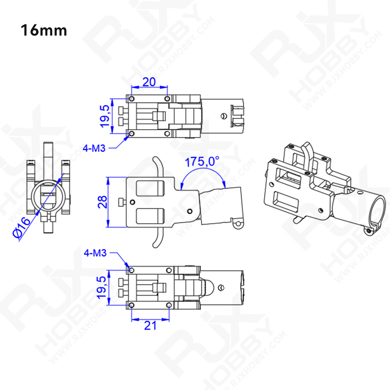 RJXHOBBY 1pcs  5° 16 / 20 / 25 / 28 / 30 / 35mm Folding down Arm Tube Joint multirotor UAV Drone Spare Parts