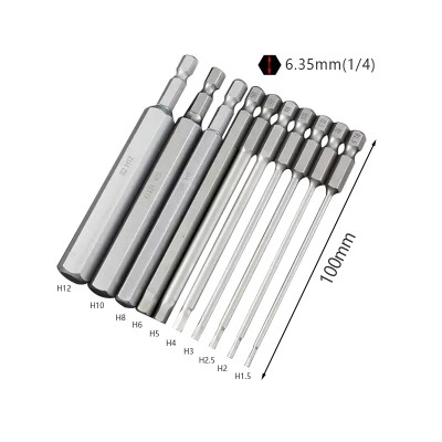 RJX 100mm 1.5 2.0 2.5 3.0 4.0 5.0 6.0 8.0 10 12mm Hex Key Allen Screwdriver Bits Magnetic 1/4 6.35mm Quick Change Impact Driver