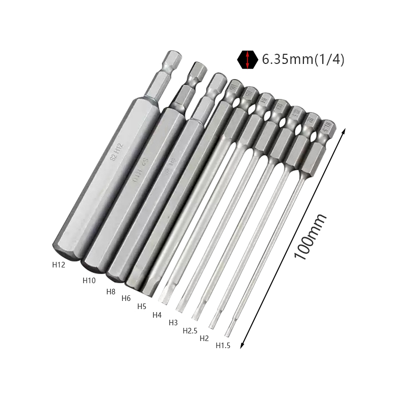 RJX 100mm 1.5 2.0 2.5 3.0 4.0 5.0 6.0 8.0 10 12mm Hex Key Allen Screwdriver Bits Magnetic 1/4 6.35mm Quick Change Impact Driver