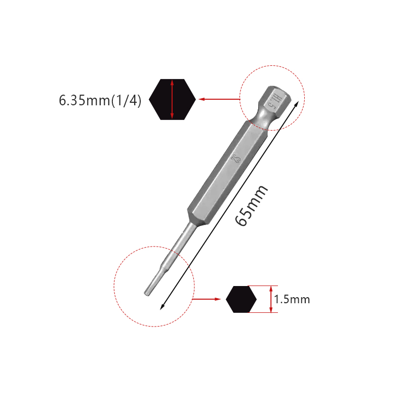 RJX 65mm 1.5 2.0 2.5 3.0 4.0 5.0 6.0mm Hex Key Allen Screwdriver Bits Magnetic 1/4 6.35mm Quick Change Impact Driver