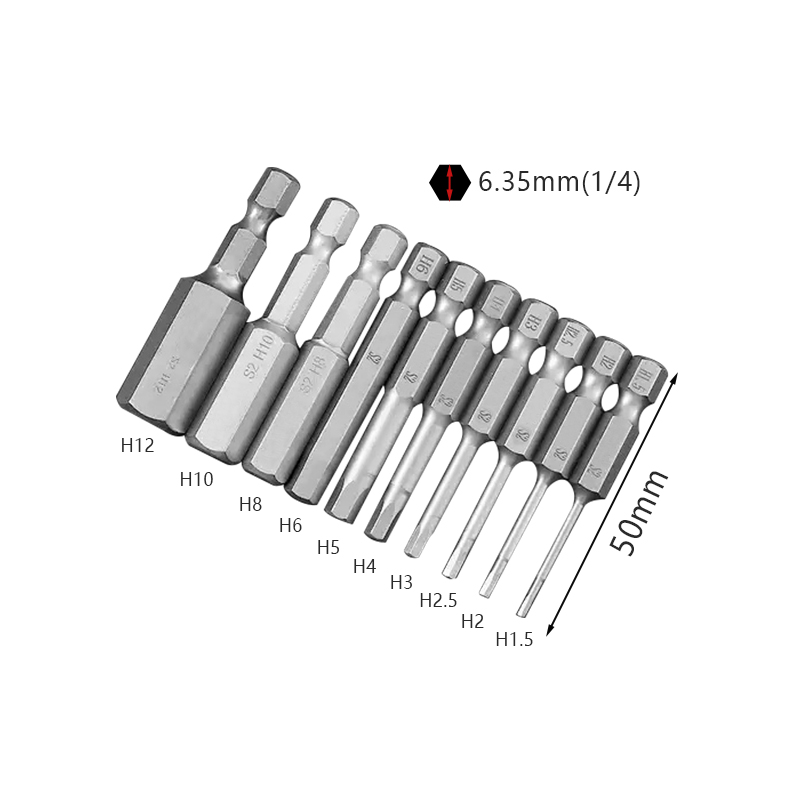 RJX 50mm 1.5 2.0 2.5 3.0 4.0 5.0 6.0 8.0 10 12mm Hex Key Allen Screwdriver Bits Magnetic 1/4 6.35mm Quick Change Impact Driver