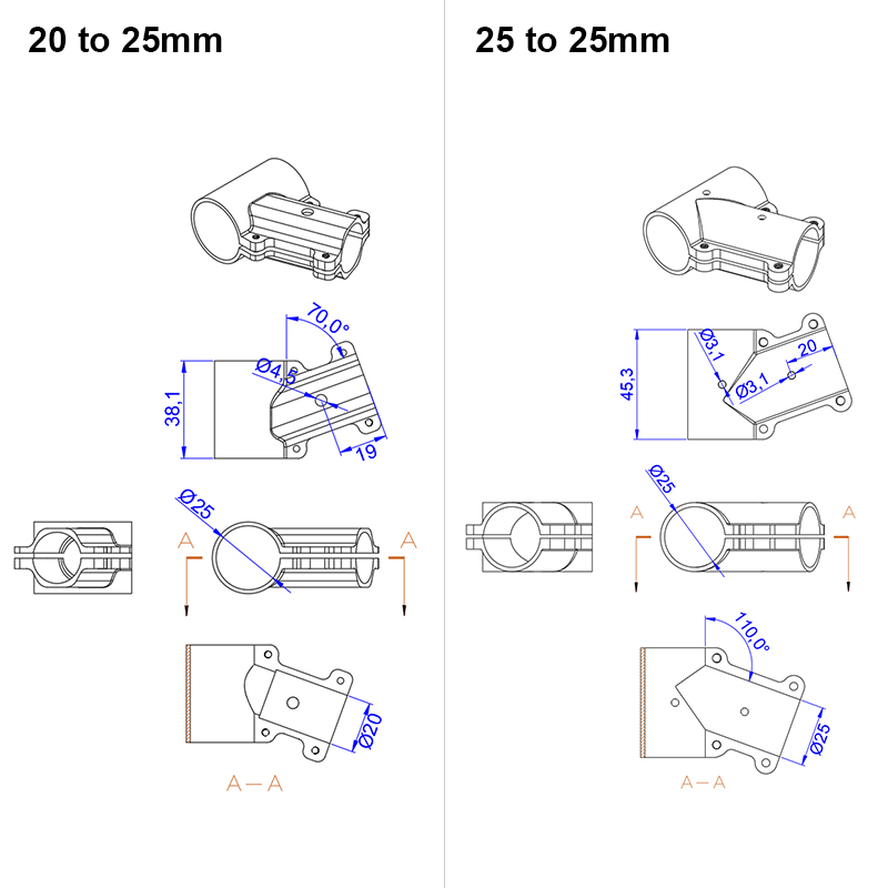 RJX 1pcs 16mm / 20mm / 20 to 25mm / 20 to 30mm /25mm / 25 to 30mm / 30mm / 40mm Tee Joint Landing Gear Connector for RC Plant UAV Drone