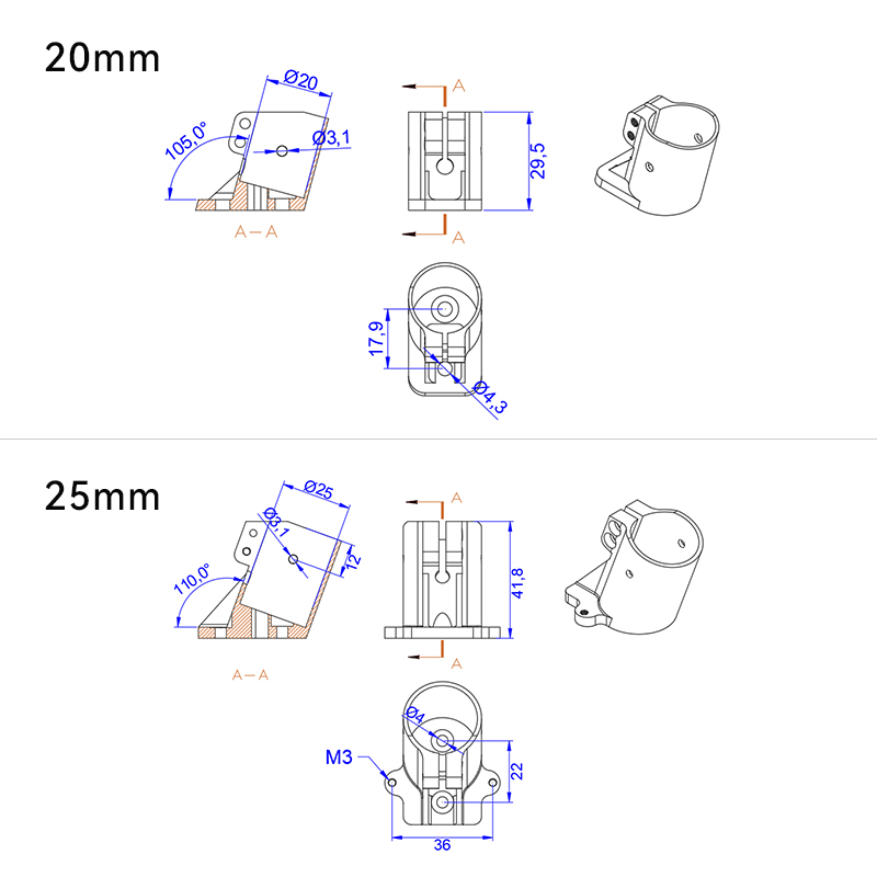 RJXHOBBY 1pcs 20mm 25mm  Fixed Mount Landing Gear for UAV